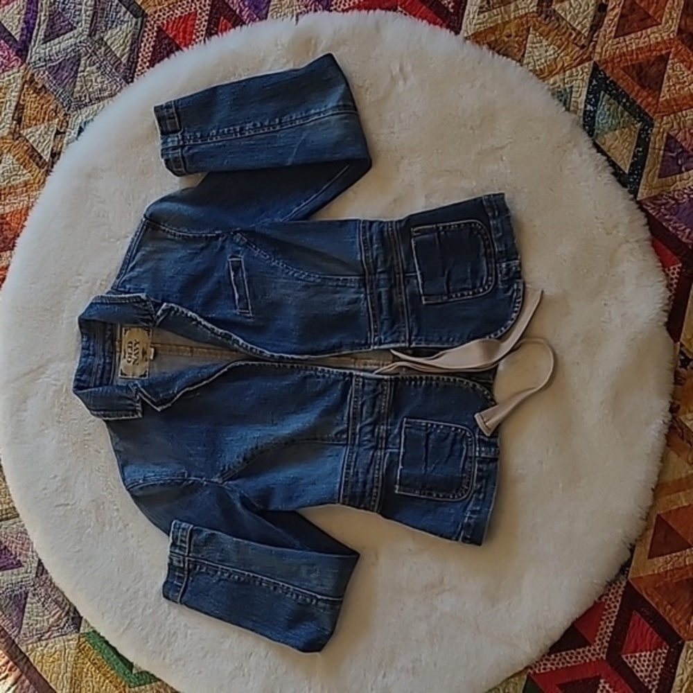 Vintage Old Navy Casual Denim Blue Jean Drawstring Waist Open Jacket Small